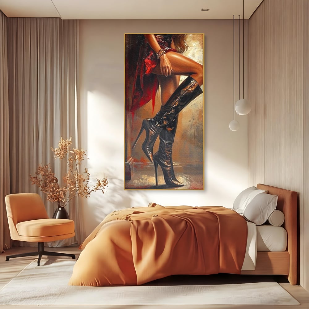 Tablou canvas cu pictura cu picioare feminine in cizme, in rama de aluminiu auriu, pe perete intr-un dormitor